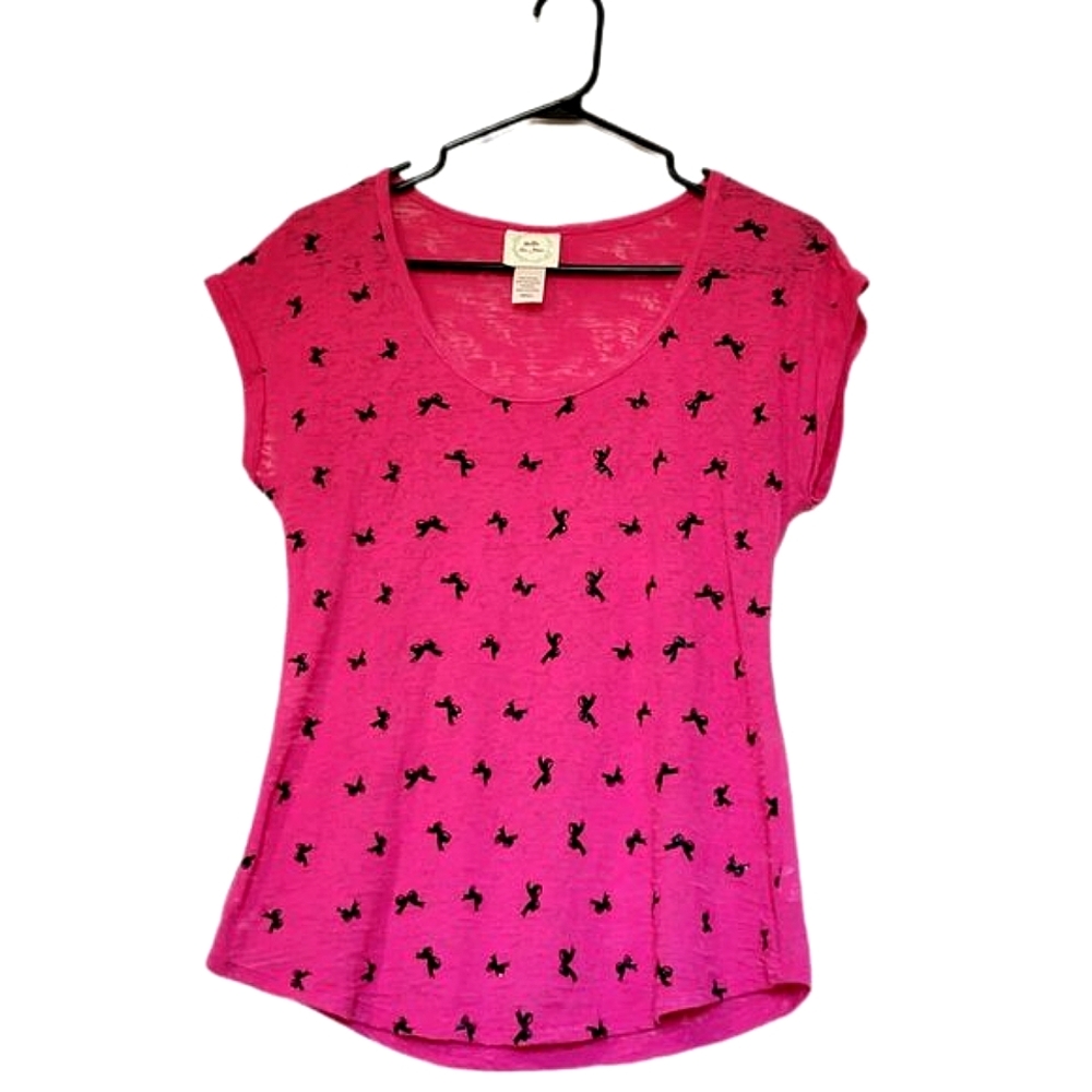 BELLE DU JOUR Hot Pink Women's T-shirt + Black Glitter Bow Tie Graphic Sz Small